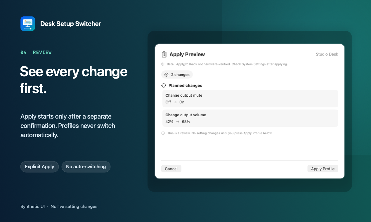 Synthetic Apply Preview listing planned changes before the separate Apply action