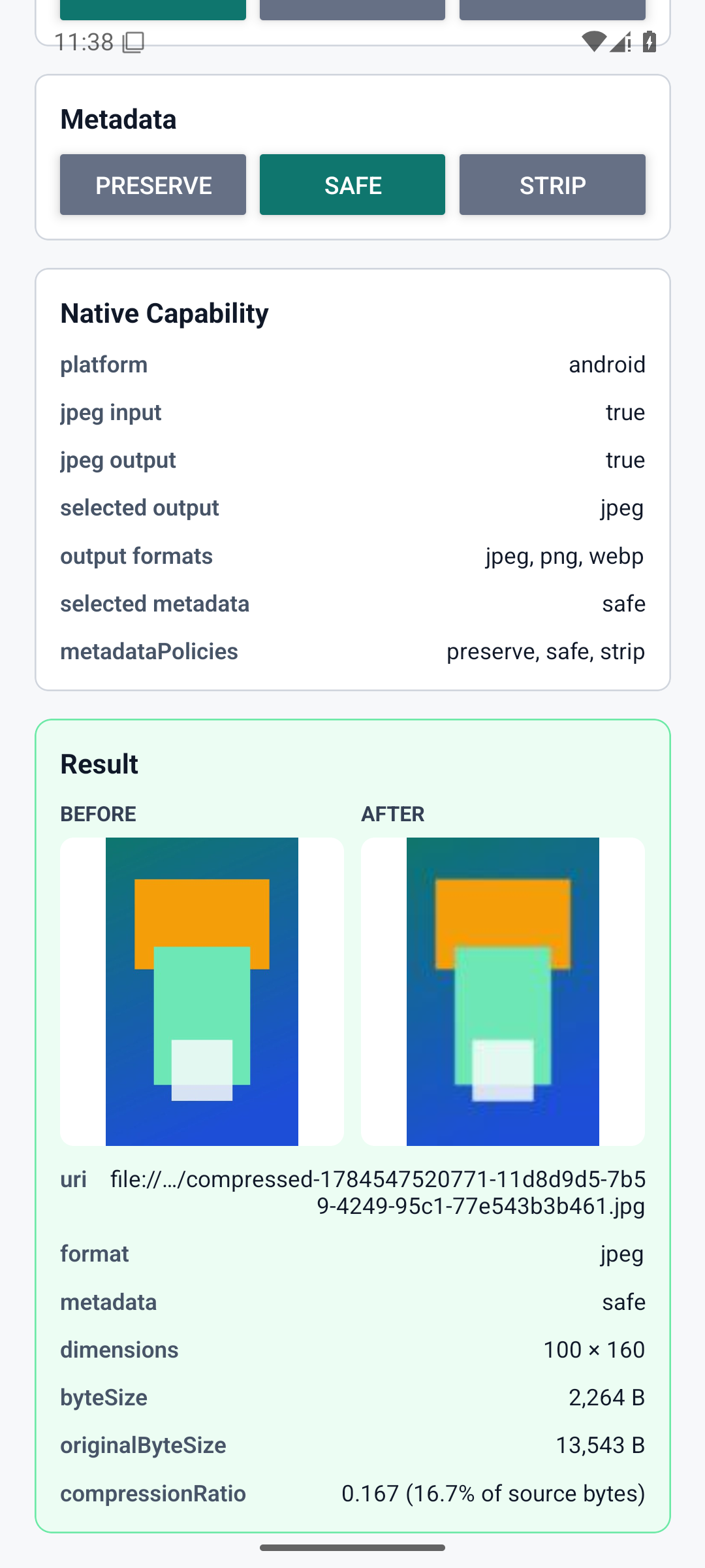 Android example app showing JPEG compression before and after images with byte metrics