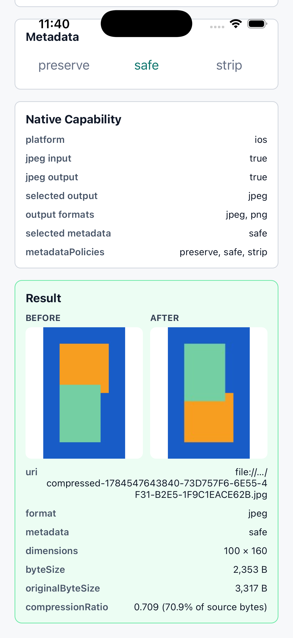 iOS example app showing JPEG compression before and after images with byte metrics